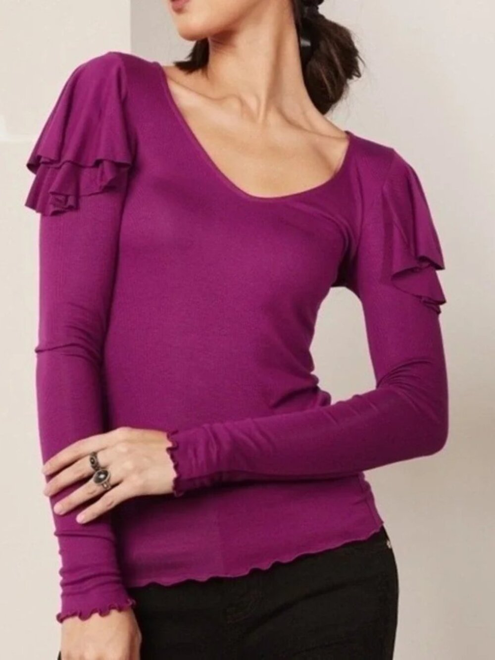 Free People‎ We The Free Purple On Rewind Micro Rib Ruffle Long Sleeve Top